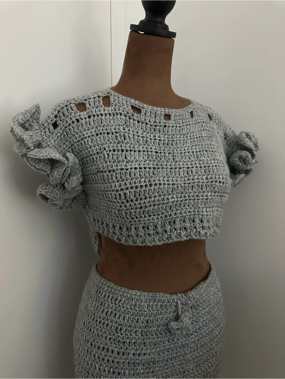 Handmade Crochet Two-Piece Set in Light Gray